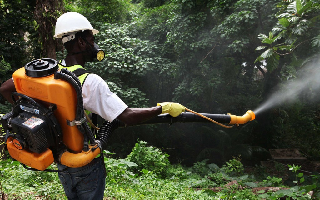 A worker from a private company fumigates a property for mosquitoes in Port-au-Prince