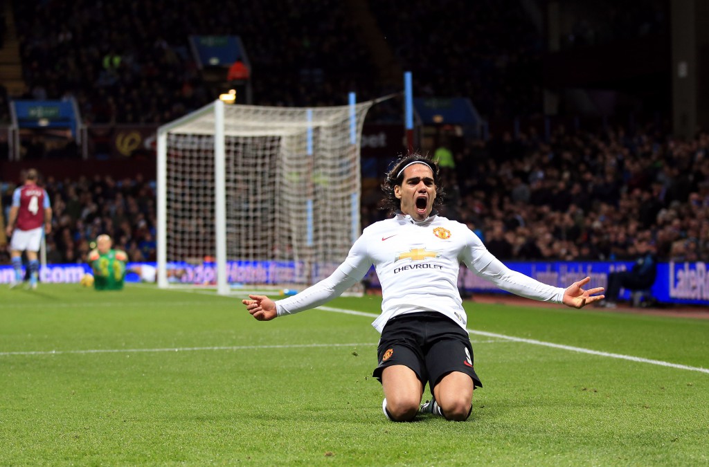 Manchester United's Radamel Falcao celebrates scoring a goal, during the English Premier League soccer match between Aston Villa and Manchester United,  at Villa Park, in Birmingham, England, Saturday Dec.  20, 2014. (AP Photo/PA, Nick Potts) UNITED KINGDOM OUT NO SALES NO ARCHIVE