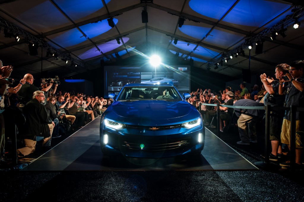 The 2016 Chevrolet Camaro is unveiled Saturday, May 16, 2015 at a special event on Belle Isle in Detroit, Michigan. The sixth-generation Camaro is faster, lighter and more nimble. Engine options include a 2.0L Turbo, an all-new 3.6L V-6 and the LT1 6.2L V-8, which is SAE-certified at 455 horsepower and 455 lb-ft of torque Ð for the most powerful Camaro SS ever. Each engine is available with a six-speed manual or eight-speed automatic transmission. (Photo by Steve Fecht for Chevrolet)